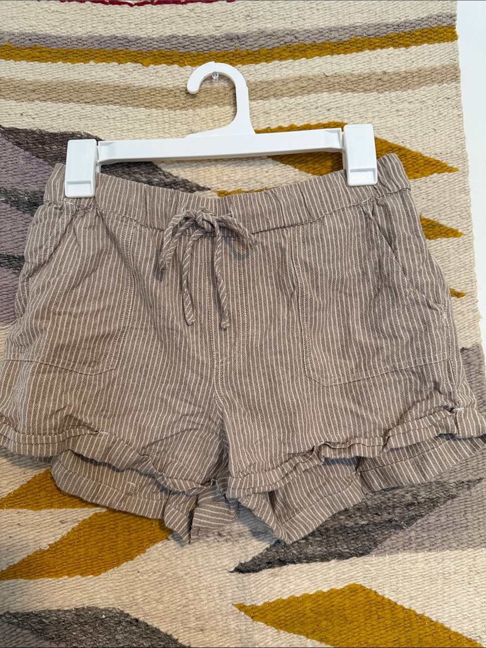 Volcom Taupe Pinstripe Ruffle High Waist Shorts